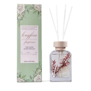 Set de difusor de aroma de vidrio de 100ml con flores secas naturales, tapa de madera y caja.