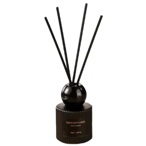 Minimalist black reed diffuser set with elegant vertical stripes, 50ml home fragrance bottle.