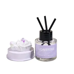Car aromatherapy diffuser bottle with plaster lotus flower stone and black reed sticks for home.