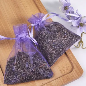 Lavender dried flower sachet in purple organza mesh bags for home wardrobe and car air freshener.