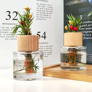 Gedetailleerd overzicht van vlamloze aromatherapie diffuserflessen met houten dop en gedroogde bloemen.