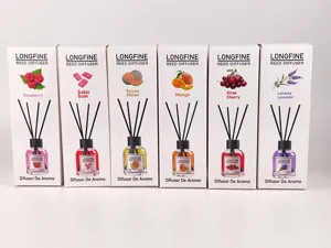 LONGFINE reed diffuser set with 6 fruit and floral scents for refreshing home fragrance.