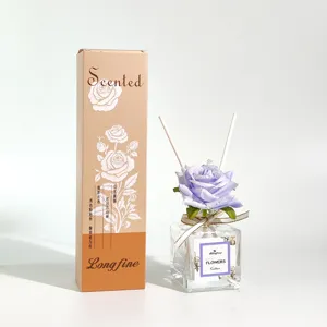 Scented rose reed diffuser set with elegant glass bottle and decorative gift box.