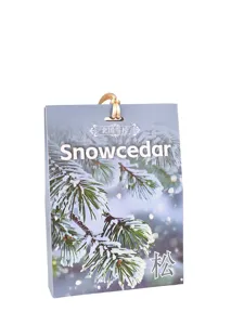 Cedar scented sachet bag detail showing pine tree winter pattern and hanging cord for wardrobe.
