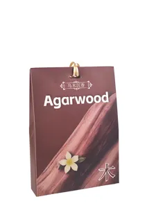 Close-up of wooden fragrance sachet detail showing agarwood packaging and hanging string design.