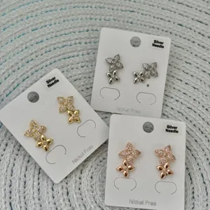 Luxury Copper Rhinestone Clover Flower Stud Earrings With 925 Sterling Silver Earring Post Gold Necklace For Women Jewelry
