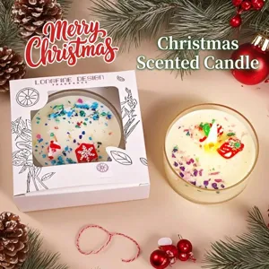 Vela aromática de Navidad de soja hecha a mano en una escena festiva
