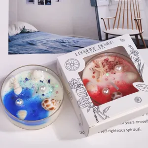 Ocean theme scented candle set with shells and starfish in gift box, handmade soy wax.