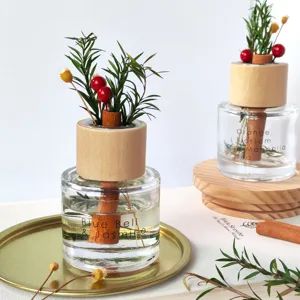 Gedetailleerd overzicht van de prachtige glazen geurdiffusorfles met houten dop en planten.