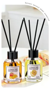 Glass reed diffuser set with mango and melon scents, 55ml air freshener for home decor.
