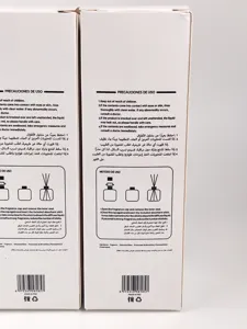 Reed diffuser packaging box detail showing usage instructions and safety warnings clearly.