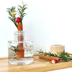 Glazen fles geurdiffusor met kaneelstokjes en gedroogde bloemen voor thuis decoratie
