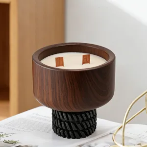 Nordic wooden scented candle, walnut container soy wax candle with dual wicks for home decor.