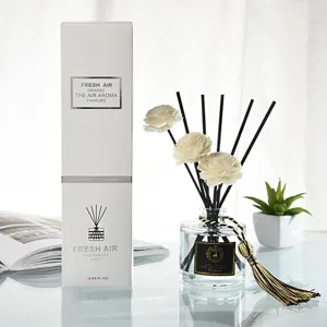 Home reed diffuser set with wooden flower sticks and aroma essential oil for indoor decoration.