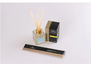 Detailed view of the 80ml French style aromatherapy glass bottle with natural rattan sticks.