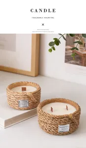 Detail shot of retro rope scented candle with wooden wick, soy wax and chic metal badge.