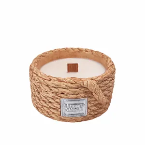 Retro rope scented candle soy wax jar with wooden wick and metal plaque decoration detail