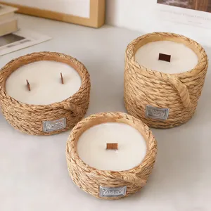 Vintage woven rope scented candle, handmade soy wax candle with wooden wick for home decor.