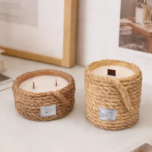 Vintage rope scented soy wax candle set with wooden wick for cozy home living room decor