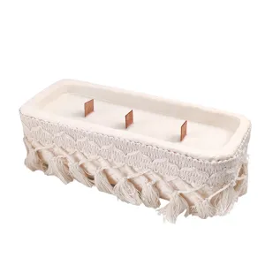 Bougie parfumée artisanale à mèches en bois, déco pompon bohème, cire de soja pour la maison chambre.