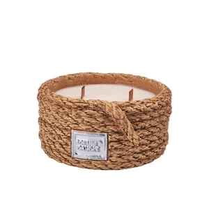 Vintage rope texture scented candle with dual wooden wicks and silver plaque for home decor.