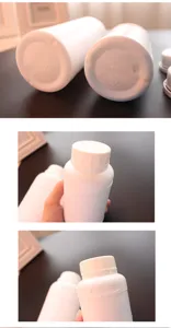 Detail view of white plastic refill bottle container, showing bottom and cap structure clearly.