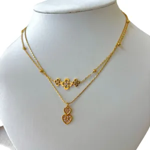 Double layer stainless steel 18K gold plated necklace with flower and heart charms