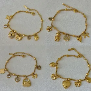 Roestvrij Staal 18K Verguld Armband Voor Vrouwen Meerdere Hangers Hart Vlinder Beer Klavertje Strass Sieraden Cadeau