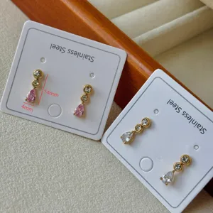 Exquisite gold-plated teardrop zircon earrings in pink and white stainless steel