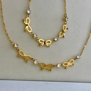 Elegant Stainless Steel Bowknot Rhinestone Necklace Bracelet For Women 18K Gold Plated Non-fading Jewelry Mother's Day Gift