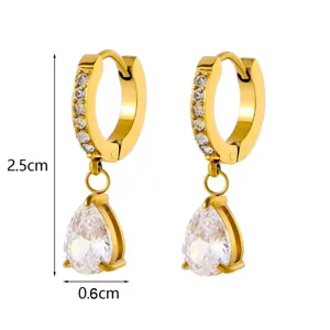 Minimalist gold-tone huggie hoop earrings with pear-cut zircon teardrop charms