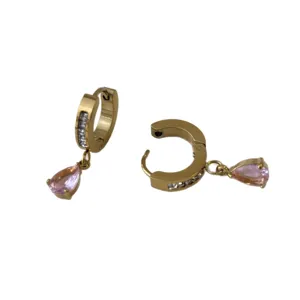 Minimalist vintage gold hoop earrings with zircon inlay and elegant pink waterdrop charms.