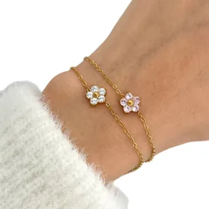 18k gold plated titanium steel flower necklace with pink and white dainty petals
