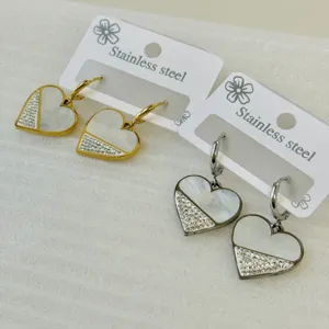Stainless steel heart hoop earrings with shell inlay and micro-pave crystals