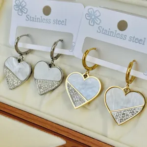 Elegant stainless steel heart earrings with mother-of-pearl inlay and shiny rhinestones