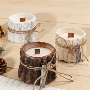 Bougies parfumées souche d'arbre cire de soja mèche bois pour déco maison et cadeaux.