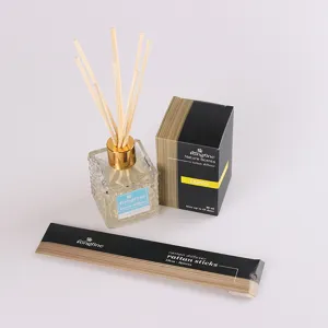 Longfine 80ml glass bottle reed diffuser set with natural rattan sticks and box packaging.