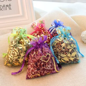 Colorful organza dried flower sachet bags with gold foil print, ideal for wardrobe and car.