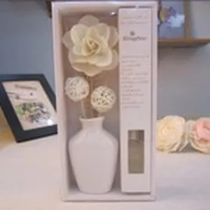 Set difusor de varillas flor rosa sola en jarrón de cerámica blanca con caja regalo