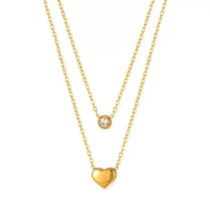 18K gold plated stainless steel double layer necklace with heart and crystal pendants