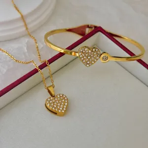 Edelstahl 18K Vergoldet Strass Herz Klee Schmuckset Für Damen Elegant Herz Armreif Halskette Ohrringe Hochzeit Geschenk
