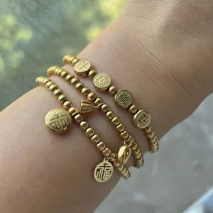 Bracciale Elastico in Acciaio Inossidabile Con Perline Ciondolo a Forma di Loto Caratteri Cinesi Pace Felicità Fortuna Gioielli da Donna Placcato Oro