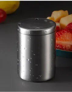 Stainless steel toothpick holder container detail view, modern minimalist design for home use.