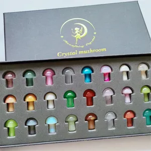 Natural crystal mushroom stone ornaments set, colorful mini healing crystals boxed collection.