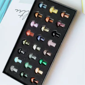Natural crystal mini mushroom stone figurine set details, colorful gemstone home decor display box.