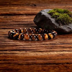 Natural tiger eye stone bracelet, single loop round bead gemstone jewelry for men women.