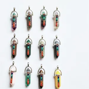 12 couleurs cristal naturel colonne hexagonale chakra pendentif collier, design élégant.