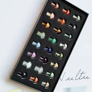 Natural crystal mushroom figurines set, assorted colorful mini healing stone decor in gift box.