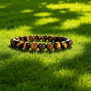 Natural Tiger Eye Stone Bracelet Gemstone Beaded Jewelry Outdoor Sunlight Grass Detail