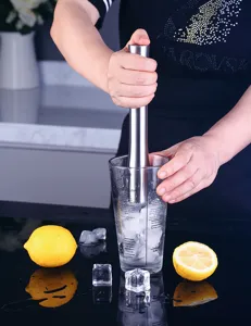 Επαγγελματικό ανοξείδοτο γουδί για cocktail με ποτήρι συνταγών, πάγο και λεμόνια.